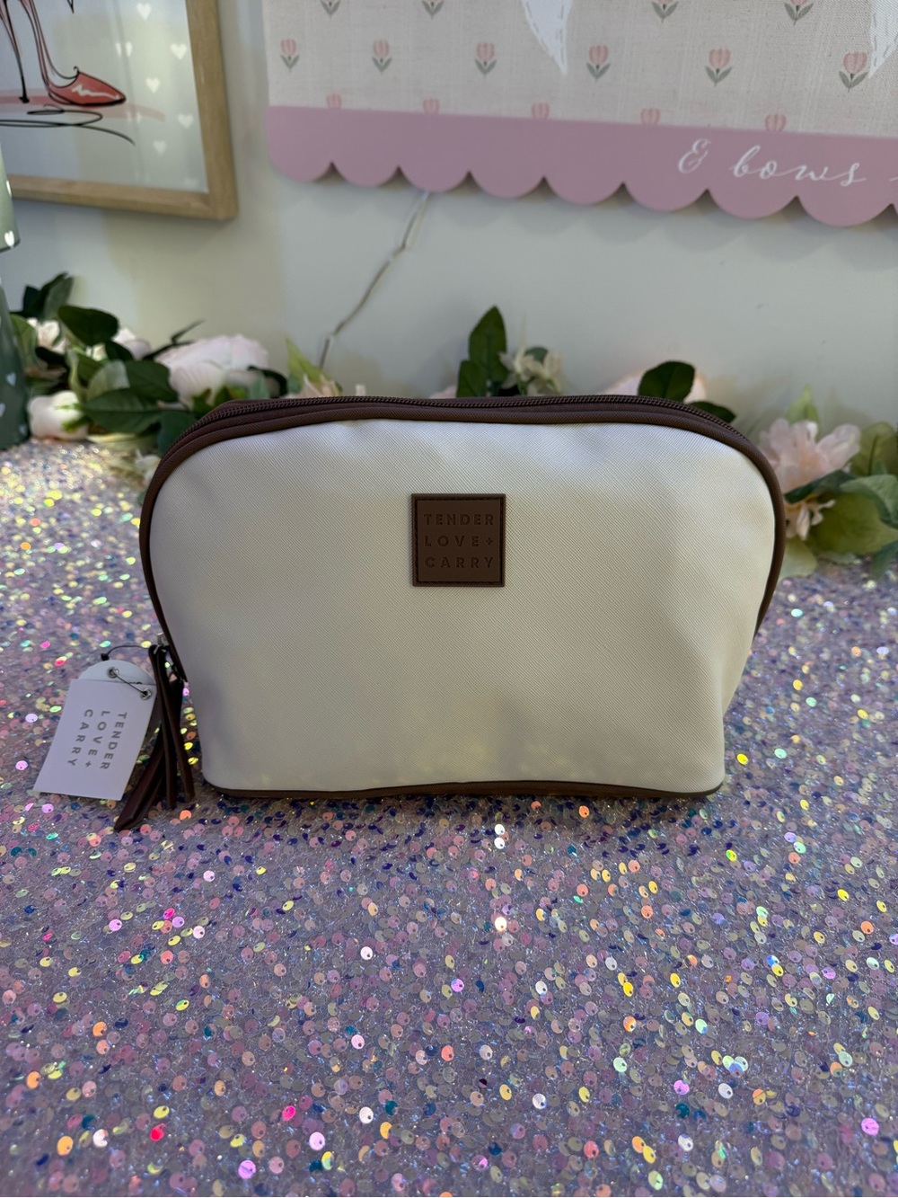 NWT Tender Love + Carry Toiletry/ Cosmetic Bag in Cream/Chocolate Color